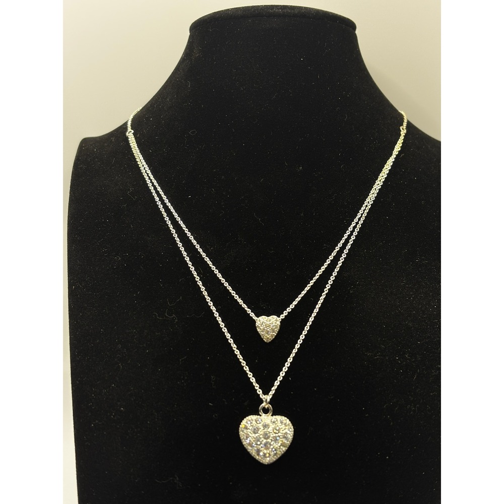 Social Gallery Silver Tone Layered Double Heart Crystal Pave Necklace 15‎ Inch
